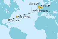 Visitando Fort Lauderdale (Florida/EEUU), Kings Wharf (Bermudas), Falmouth (Gran Bretaña), Portland, Dorset (Reino Unido), Le Havre (Francia), Dover (Inglaterra)