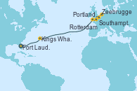 Visitando Fort Lauderdale (Florida/EEUU), Kings Wharf (Bermudas), Portland, Dorset (Reino Unido), Southampton (Inglaterra), Zeebrugge (Bruselas), Rotterdam (Holanda)