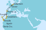 Visitando Dover (Inglaterra), Rotterdam (Holanda), Casablanca (Marruecos), Agadir (Marruecos), Arrecife (Lanzarote/España), Santa Cruz de Tenerife (España), Funchal (Madeira), Puerto Leixões (Portugal), Dover (Inglaterra)