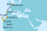 Visitando Rotterdam (Holanda), Casablanca (Marruecos), Agadir (Marruecos), Arrecife (Lanzarote/España), Santa Cruz de Tenerife (España), Funchal (Madeira), Puerto Leixões (Portugal), Dover (Inglaterra), Rotterdam (Holanda)