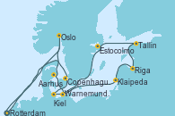 Visitando Rotterdam (Holanda), Oslo (Noruega), Aarhus (Dinamarca), Warnemunde (Alemania), Klaipeda (Lituania), Riga (Letonia), Tallin (Estonia), Estocolmo (Suecia), Kiel (Alemania), Copenhague (Dinamarca), Rotterdam (Holanda)