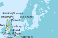 Visitando Dover (Inglaterra), Rotterdam (Holanda), Edimburgo (Escocia), Kirkwall (Escocia), Lerwick (Escocia), Stornoway (Isla de Lewis/Escocia), Belfast (Irlanda), Greenock (Escocia), Isla de Mann (Reino Unido), Dun Laoghaire (Dublin/Irlanda), Ringaskiddy (Irlanda), Dover (Inglaterra)