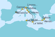Visitando Barcelona, Cannes (Francia), Portofino (Italia), Livorno, Pisa y Florencia (Italia), Civitavecchia (Roma), La Valletta (Malta), La Goulette (Tunez), Gythion (Grecia), Atenas (Grecia)