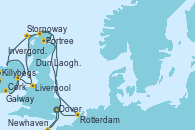Visitando Dover (Inglaterra), Rotterdam (Holanda), Stornoway (Isla de Lewis/Escocia), Killybegs (Irlanda), Galway (Irlanda), Cork (Irlanda), Dun Laoghaire (Dublin/Irlanda), Liverpool (Reino Unido), Portree (Reino Unido), Invergordon (Escocia), Newhaven (Reino Unido), Newhaven (Reino Unido), Dover (Inglaterra)
