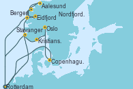 Visitando Rotterdam (Holanda), Eidfjord (Hardangerfjord/Noruega), Aalesund (Noruega), Nordfjordeid, Bergen (Noruega), Rotterdam (Holanda), Copenhague (Dinamarca), Oslo (Noruega), Kristiansand (Noruega), Stavanger (Noruega), Rotterdam (Holanda)