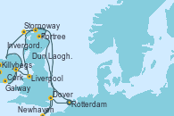 Visitando Rotterdam (Holanda), Stornoway (Isla de Lewis/Escocia), Killybegs (Irlanda), Galway (Irlanda), Cork (Irlanda), Dun Laoghaire (Dublin/Irlanda), Liverpool (Reino Unido), Portree (Reino Unido), Invergordon (Escocia), Newhaven (Reino Unido), Newhaven (Reino Unido), Dover (Inglaterra), Rotterdam (Holanda)