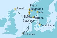 Visitando Rotterdam (Holanda), Copenhague (Dinamarca), Oslo (Noruega), Kristiansand (Noruega), Stavanger (Noruega), Rotterdam (Holanda), Haugesund (Noruega), Eidfjord (Hardangerfjord/Noruega), Bergen (Noruega), Kirkwall (Escocia), Rotterdam (Holanda)
