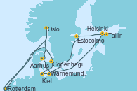 Visitando Rotterdam (Holanda), Oslo (Noruega), Aarhus (Dinamarca), Warnemunde (Alemania), Tallin (Estonia), Helsinki (Finlandia), Estocolmo (Suecia), Estocolmo (Suecia), Kiel (Alemania), Copenhague (Dinamarca), Rotterdam (Holanda)
