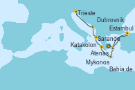 Visitando Atenas (Grecia), Estambul (Turquía), Estambul (Turquía), Mykonos (Grecia), Bahía de Souda (Grecia), Katakolon (Olimpia/Grecia), Sarande (Albania), Dubrovnik (Croacia), Trieste (Italia)