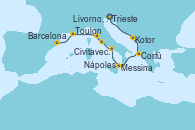 Visitando Trieste (Italia), Kotor (Montenegro), Corfú (Grecia), Messina (Sicilia), Nápoles (Italia), Civitavecchia (Roma), Livorno, Pisa y Florencia (Italia), Toulon (Francia), Barcelona