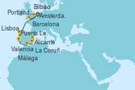 Visitando Ámsterdam (Holanda), Portland, Dorset (Reino Unido), Bilbao (España), La Coruña (Galicia/España), Puerto Leixões (Portugal), Lisboa (Portugal), Málaga, Alicante (España), Valencia, Barcelona