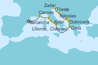 Visitando Barcelona, Cannes (Francia), Livorno, Pisa y Florencia (Italia), Civitavecchia (Roma), Nápoles (Italia), Corfú (Grecia), Dubrovnik (Croacia), Kotor (Montenegro), Zadar (Croacia), Trieste (Italia), Trieste (Italia)