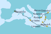 Visitando Barcelona, La Valletta (Malta), Alejandría (Egipto), Alejandría (Egipto), Limassol (Chipre), Rodas (Grecia), Kusadasi (Efeso/Turquía), Estambul (Turquía), Estambul (Turquía), Atenas (Grecia)