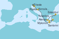 Visitando Trieste (Italia), Rijeka (Croacia), Korcula, Croatia, Santorini (Grecia), Kusadasi (Efeso/Turquía), Mykonos (Grecia), Estambul (Turquía), Estambul (Turquía), Atenas (Grecia), Atenas (Grecia)