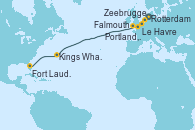 Visitando Rotterdam (Holanda), Zeebrugge (Bruselas), Le Havre (Francia), Portland, Dorset (Reino Unido), Falmouth (Gran Bretaña), Kings Wharf (Bermudas), Fort Lauderdale (Florida/EEUU)