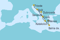 Visitando Atenas (Grecia), Corfú (Grecia), Dubrovnik (Croacia), Split (Croacia), Trieste (Italia), Sarande (Albania), Katakolon (Olimpia/Grecia), Bahía de Souda (Grecia), Atenas (Grecia)