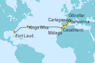 Visitando Barcelona, Cartagena (Murcia), Málaga, Gibraltar (Inglaterra), Casablanca (Marruecos), Kings Wharf (Bermudas), Fort Lauderdale (Florida/EEUU)