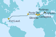 Visitando Civitavecchia (Roma), Cartagena (Murcia), Gibraltar (Inglaterra), Portimao (Portugal), Ponta Delgada (Azores), Fort Lauderdale (Florida/EEUU)