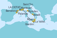 Visitando Montecarlo (Mónaco), Portoferraio (Italia), Amalfi (Italia), Giardini Naxos (Italia), La Valletta (Malta), Mgarr (Malta), La Valletta (Malta), Saint Tropez (Francia), LA CIOTAT, Palamos (Gerona/España), Barcelona