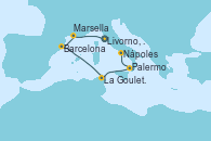 Visitando Livorno, Pisa y Florencia (Italia), Marsella (Francia), Barcelona, La Goulette (Tunez), Palermo (Italia), Nápoles (Italia)