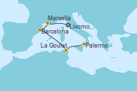 Visitando Livorno, Pisa y Florencia (Italia), Marsella (Francia), Barcelona, La Goulette (Tunez), Palermo (Italia)