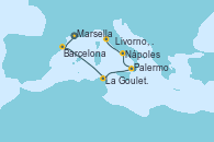 Visitando Marsella (Francia), Barcelona, La Goulette (Tunez), Palermo (Italia), Nápoles (Italia), Livorno, Pisa y Florencia (Italia)