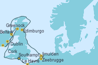 Visitando Southampton (Inglaterra), Le Havre (Francia), Zeebrugge (Bruselas), Ijmuiden (Ámsterdam), Edimburgo (Escocia), Dublin (Irlanda), Cork (Irlanda), Greenock (Escocia), Belfast (Irlanda), Southampton (Inglaterra)