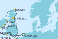 Visitando Southampton (Inglaterra), Edimburgo (Escocia), Kirkwall (Escocia), Dublin (Irlanda), Belfast (Irlanda), Cork (Irlanda), Portland, Dorset (Reino Unido), Zeebrugge (Bruselas), Le Havre (Francia), Southampton (Inglaterra)