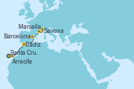 Visitando Santa Cruz de Tenerife (España), Arrecife (Lanzarote/España), Cádiz (España), Barcelona, Marsella (Francia), Savona (Italia)