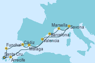 Visitando Santa Cruz de Tenerife (España), Funchal (Madeira), Cádiz (España), Málaga, Barcelona, Marsella (Francia), Savona (Italia), Valencia, Arrecife (Lanzarote/España), Santa Cruz de Tenerife (España)