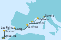 Visitando Santa Cruz de Tenerife (España), Funchal (Madeira), Cádiz (España), Barcelona, Marsella (Francia), Savona (Italia), Valencia, Funchal (Madeira), Las Palmas de Gran Canaria (España), Santa Cruz de Tenerife (España)