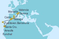 Visitando Santa Cruz de Tenerife (España), Fuerteventura (Canarias/España), Arrecife (Lanzarote/España), Cádiz (España), Málaga, Barcelona, Marsella (Francia), Savona (Italia), Valencia, Funchal (Madeira), Santa Cruz de la Palma (España), Santa Cruz de Tenerife (España)