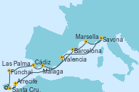 Visitando Santa Cruz de Tenerife (España), Funchal (Madeira), Cádiz (España), Málaga, Barcelona, Marsella (Francia), Savona (Italia), Valencia, Arrecife (Lanzarote/España), Las Palmas de Gran Canaria (España), Santa Cruz de Tenerife (España)