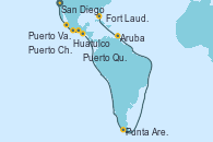 Visitando San Diego (California/EEUU), Puerto Vallarta (México), Huatulco (México), Puerto Chiapas (México), Puerto Quetzal (Guatemala), Punta Arenas (Chile), Aruba (Antillas), Fort Lauderdale (Florida/EEUU)