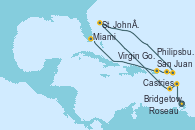 Visitando Bridgetown (Barbados), Castries (Santa Lucía/Caribe), Roseau (Dominica), St. John´s (Antigua y Barbuda), Philipsburg (St. Maarten), Virgin Gorda (Islas Virgenes), San Juan (Puerto Rico), Miami (Florida/EEUU)