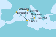 Visitando Nápoles (Italia), Livorno, Pisa y Florencia (Italia), Marsella (Francia), Barcelona, La Goulette (Tunez), Palermo (Italia), Nápoles (Italia)