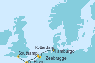 Visitando Hamburgo (Alemania), Zeebrugge (Bruselas), Rotterdam (Holanda), Le Havre (Francia), Southampton (Inglaterra)