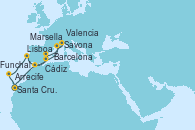 Visitando Santa Cruz de Tenerife (España), Funchal (Madeira), Lisboa (Portugal), Cádiz (España), Barcelona, Marsella (Francia), Savona (Italia), Valencia, Arrecife (Lanzarote/España), Santa Cruz de Tenerife (España)