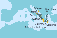 Visitando Marghera (Venecia/Italia), Bari (Italia), Corfú (Grecia), Zakinthos (Grecia), Argostoli (Grecia), Kotor (Montenegro), Zadar (Croacia), Marghera (Venecia/Italia), Bari (Italia), Mykonos (Grecia), Santorini (Grecia), Katakolon (Olimpia/Grecia), Marghera (Venecia/Italia)