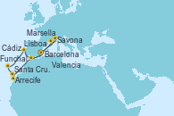 Visitando Barcelona, Marsella (Francia), Savona (Italia), Valencia, Arrecife (Lanzarote/España), Santa Cruz de Tenerife (España), Funchal (Madeira), Lisboa (Portugal), Cádiz (España), Barcelona