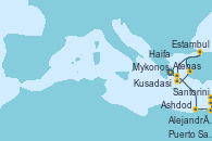Visitando Atenas (Grecia), Santorini (Grecia), Kusadasi (Efeso/Turquía), Estambul (Turquía), Mykonos (Grecia), Alejandría (Egipto), Puerto Said (Egipto), Ashdod (Israel), Haifa (Israel)
