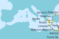 Visitando Haifa (Israel), Ashdod (Israel), Puerto Said (Egipto), Alejandría (Egipto), Limassol (Chipre), Rodas (Grecia), Santorini (Grecia), Mykonos (Grecia), Atenas (Grecia), Kusadasi (Efeso/Turquía), Estambul (Turquía)