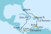 Visitando Miami (Florida/EEUU), Puerto Plata, Republica Dominicana, La Romana (República Dominicana), Colón, Aruba (Antillas), Cartagena de Indias (Colombia), Colón (Panamá), Puerto Limón (Costa Rica), Ocho Ríos (Jamaica), Miami (Florida/EEUU)