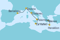 Visitando Atenas (Grecia), Heraklion (Creta), La Valletta (Malta), Palermo (Italia), Civitavecchia (Roma), Savona (Italia), Barcelona