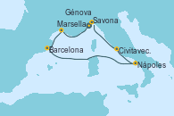 Visitando Savona (Italia), Marsella (Francia), Barcelona, Nápoles (Italia), Civitavecchia (Roma), Génova (Italia)