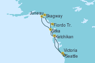 Visitando Seattle (Washington/EEUU), Ketchikan (Alaska), Sitka (Alaska), Juneau (Alaska), Skagway (Alaska), Fiordo Tracy Arm (Alaska), Victoria (Canadá), Seattle (Washington/EEUU)