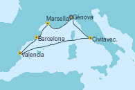 Visitando Génova (Italia), Marsella (Francia), Barcelona, Valencia, Civitavecchia (Roma), Génova (Italia)