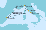 Visitando Marsella (Francia), Barcelona, Valencia, Civitavecchia (Roma), Génova (Italia), Livorno, Pisa y Florencia (Italia), Marsella (Francia)