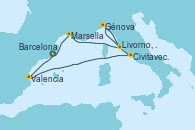 Visitando Barcelona, Valencia, Civitavecchia (Roma), Génova (Italia), Livorno, Pisa y Florencia (Italia), Marsella (Francia), Barcelona