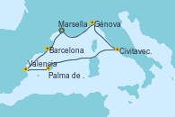 Visitando Marsella (Francia), Barcelona, Valencia, Palma de Mallorca (España), Civitavecchia (Roma), Génova (Italia), Marsella (Francia)